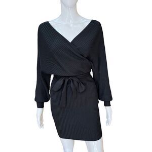 Love Tree Sweater Dress with Sash Belt Black V Neck Off Shoulder Mini Size 2X/3X